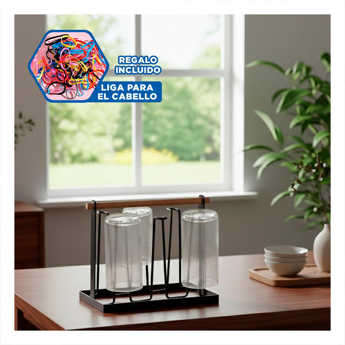 ORGANIZADOR PORTA VASOS 6 RAMAS NEGRO CON MANGO DE MADERA YLIGAS REGALO - 2