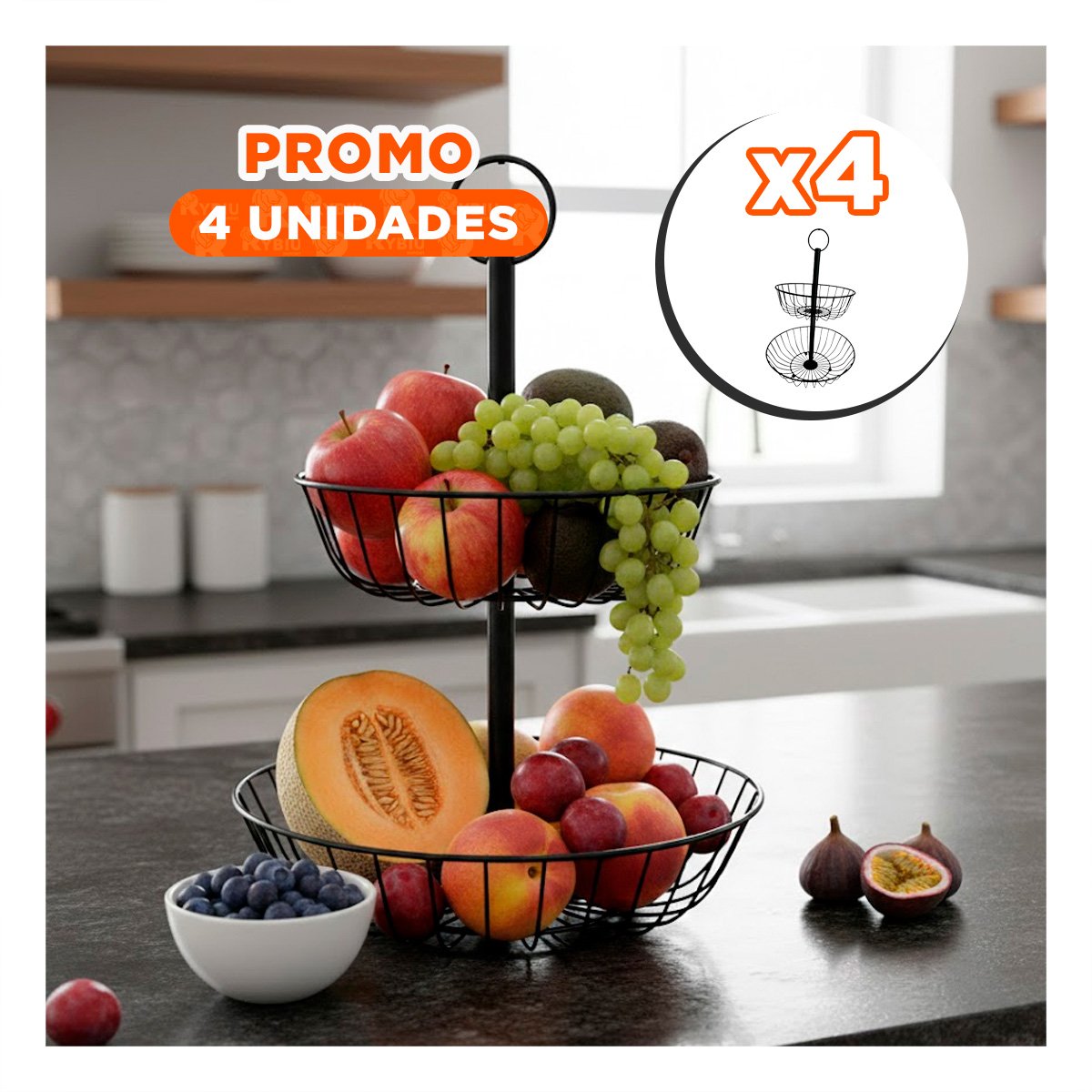 PACK4 ORGANIZADOR FRUTERO 2 NIVELES CIRCULAR NEGRO ESTILO INDUSTRIAL MODERNO YPAPEL REGALO - 1