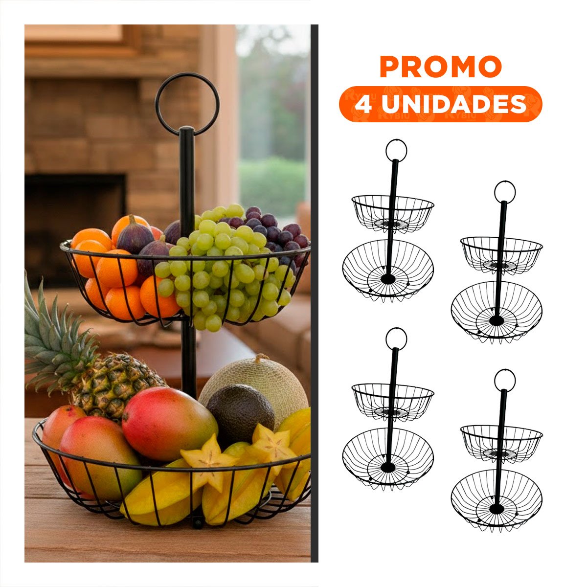 PACK4 FRUTERO DE MESA 2 PISOS CIRCULAR NEGRO DISENO ELEGANTE - 1