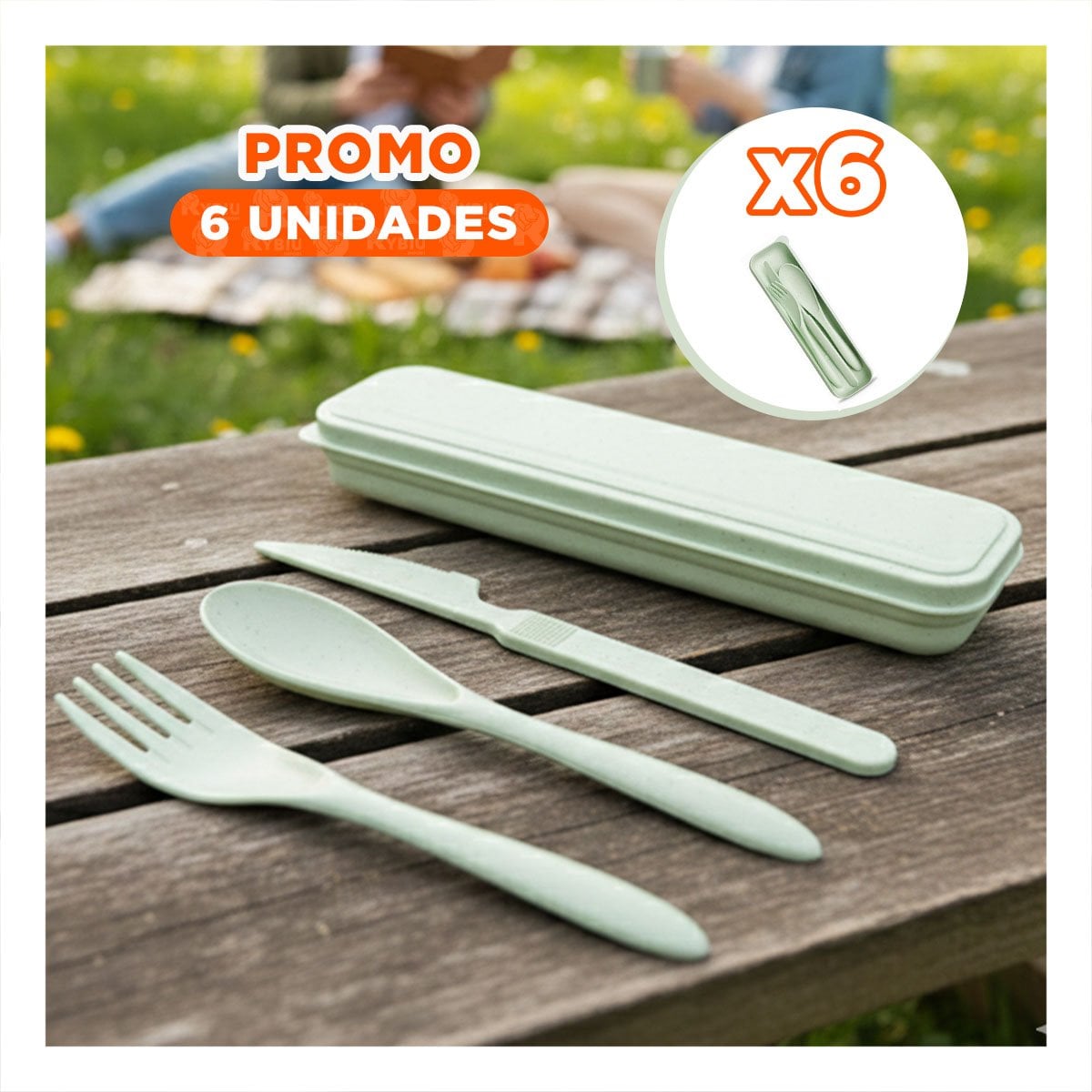 PACK6 CUBIERTOS DE VIAJE REUTILIZABLES SET 3 CON ESTUCHE RESISTENTE VERDE YPAPEL REGALO - 1