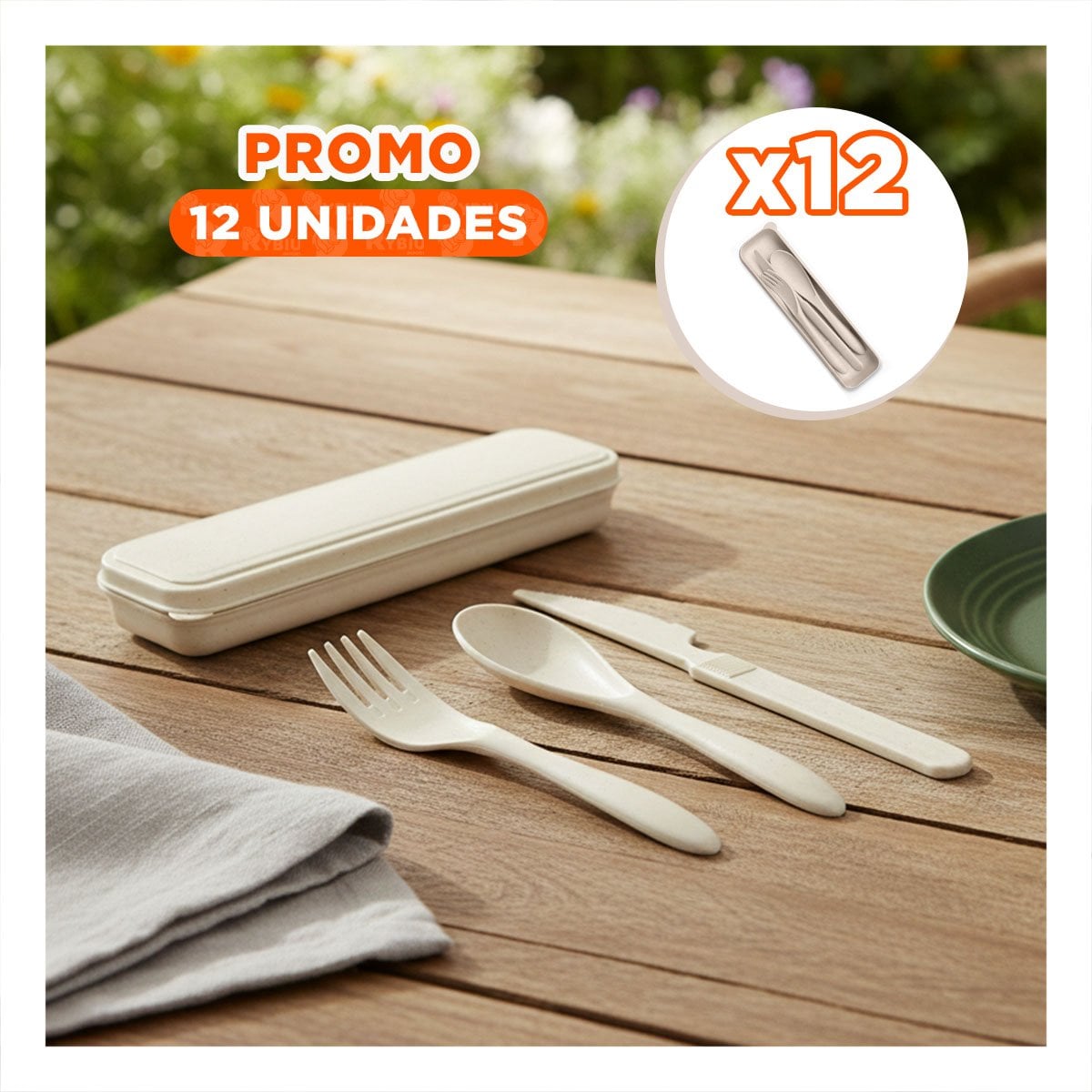PACK12 CUBIERTOS PORTATILES REUTILIZABLES CON ESTUCHE COMPACTO BEIGE YPAPEL REGALO - 1
