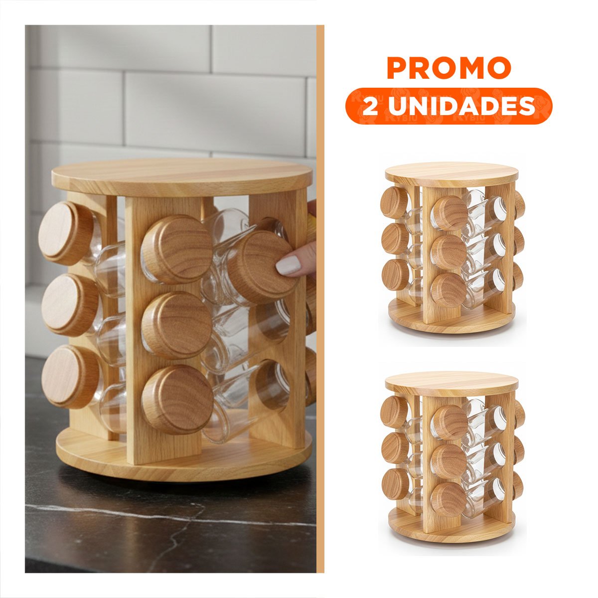 PACK2 ESPECIERO DE MESA GIRATORIO CIRCULAR CON 12 FRASCOS MADERA YREGALO STICKER - 1