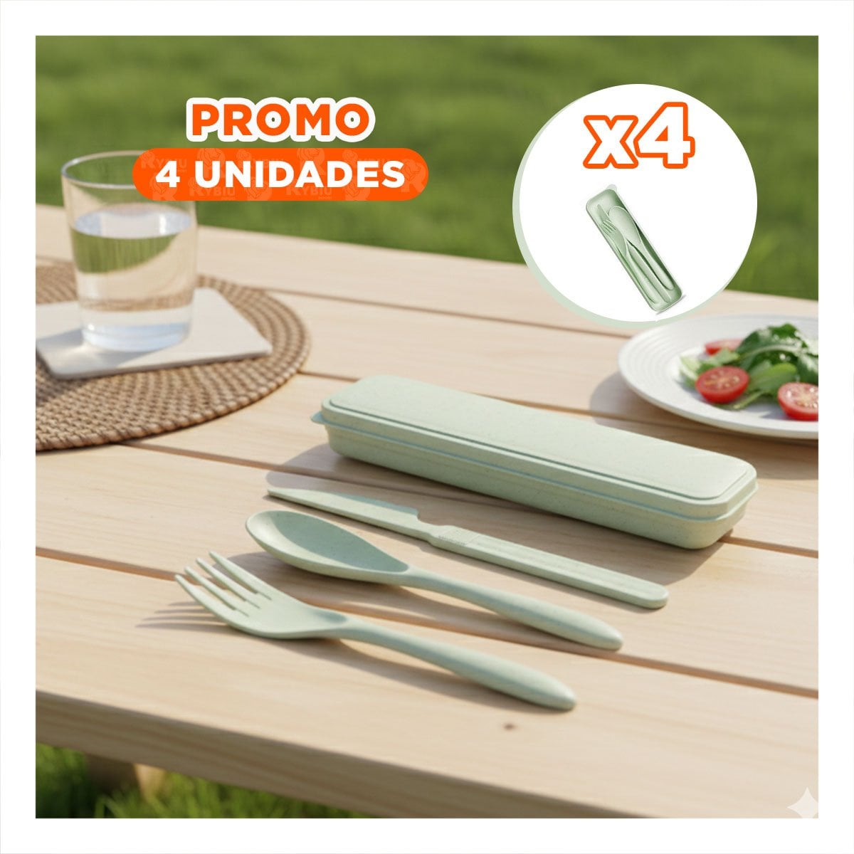 PACK4 KIT DE 3 CUBIERTOS ECOLOGICOS CON ESTUCHE COMPACTO Y SEGURO VERDE YREGALO STICKER - 1