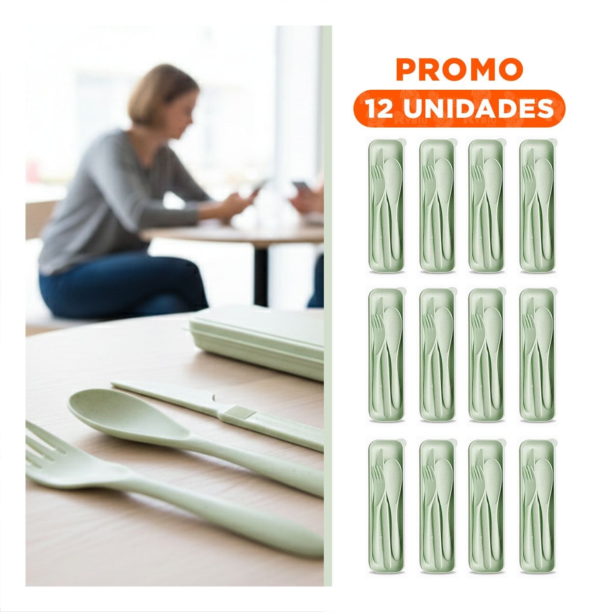 PACK12 SET 3 CUBIERTOS REUTILIZABLES CON ESTUCHE PARA ESCUELA VERDE - 1