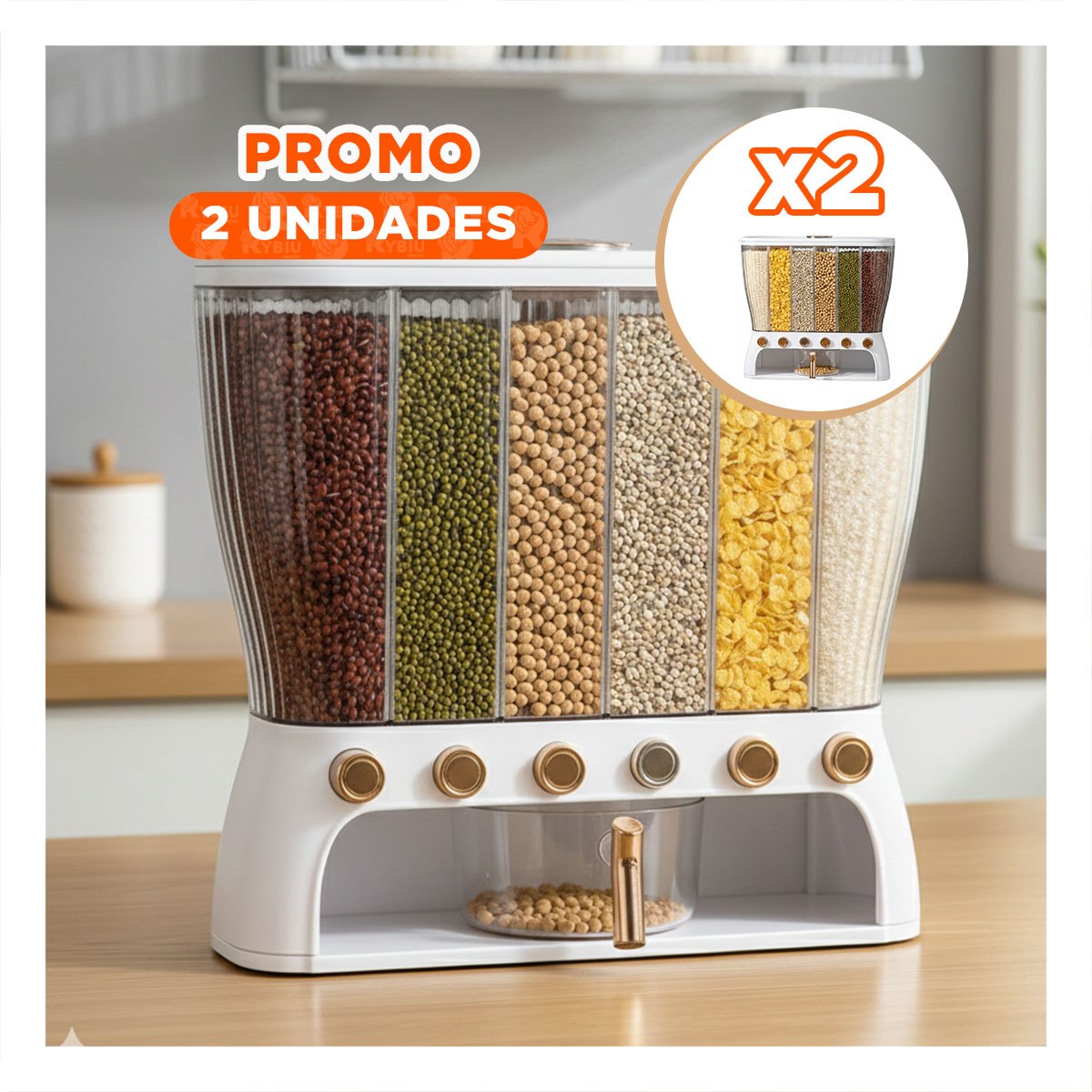 PACK2 CONTENEDOR DE GRANOS RECTANGULAR BLANCO Y DORADO CON 6 COMPARTIMENTOS YPAPEL REGALO - 1