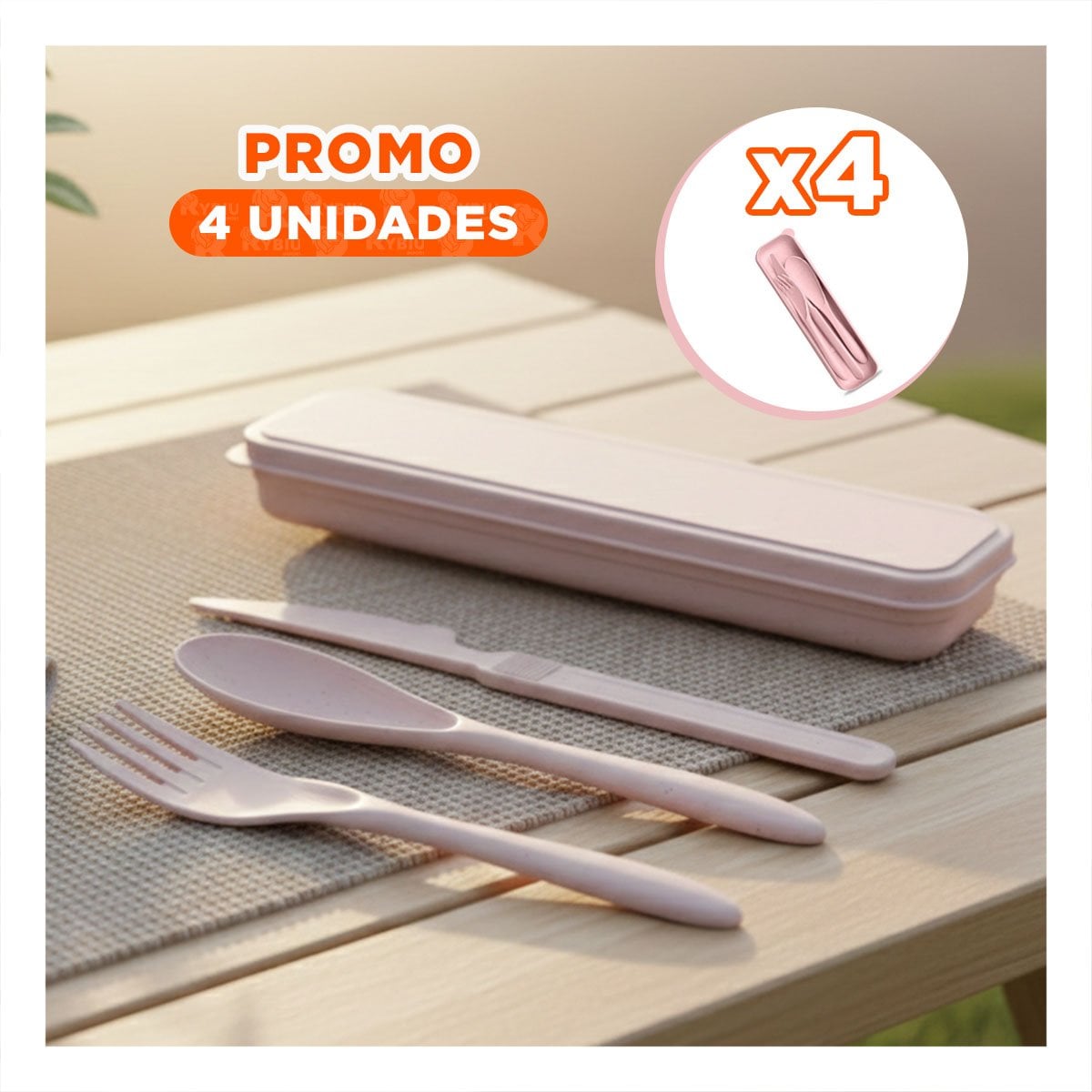 PACK4 SET 3 CUBIERTOS CON ESTUCHE PORTATIL PARA OFICINA ROSADO YPAPEL REGALO - 1