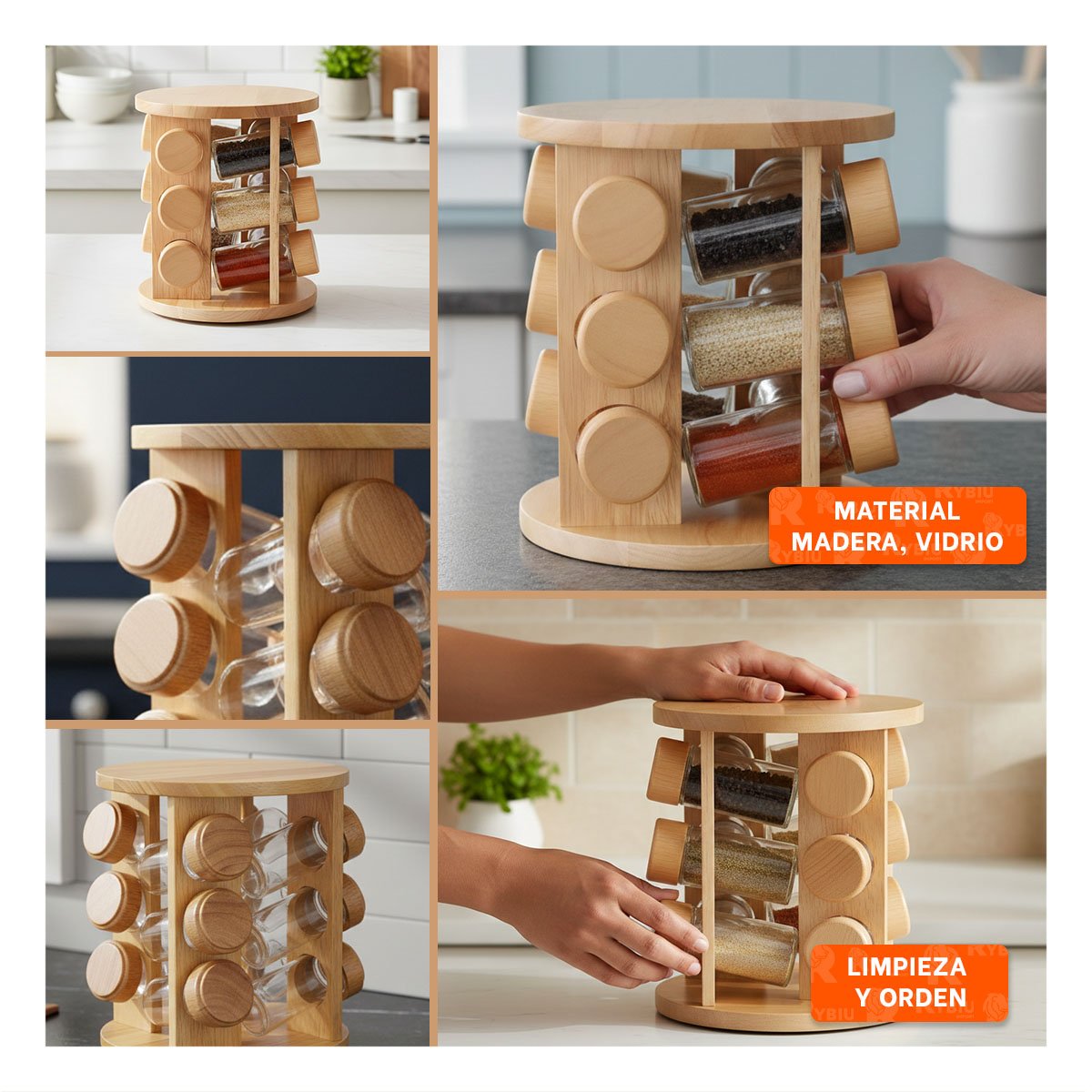 ESPECIERO GIRATORIO CIRCULAR DE 12 FRASCOS CON SOPORTE DE MADERA YPAPEL REGALO - 3