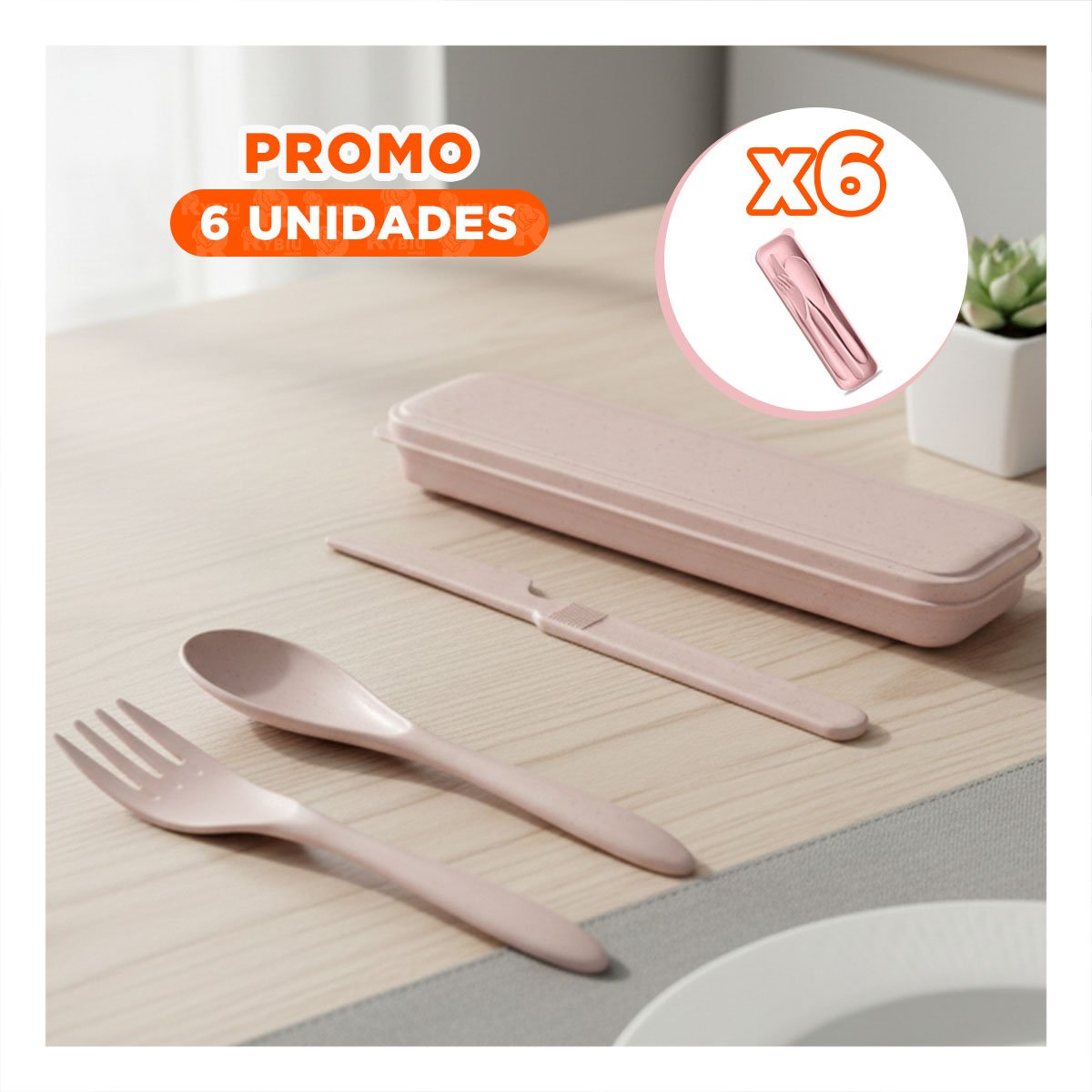 PACK6 JUEGO DE 3 CUBIERTOS CON ESTUCHE RIGIDO COMPACTO COLOR ROSADO - 1