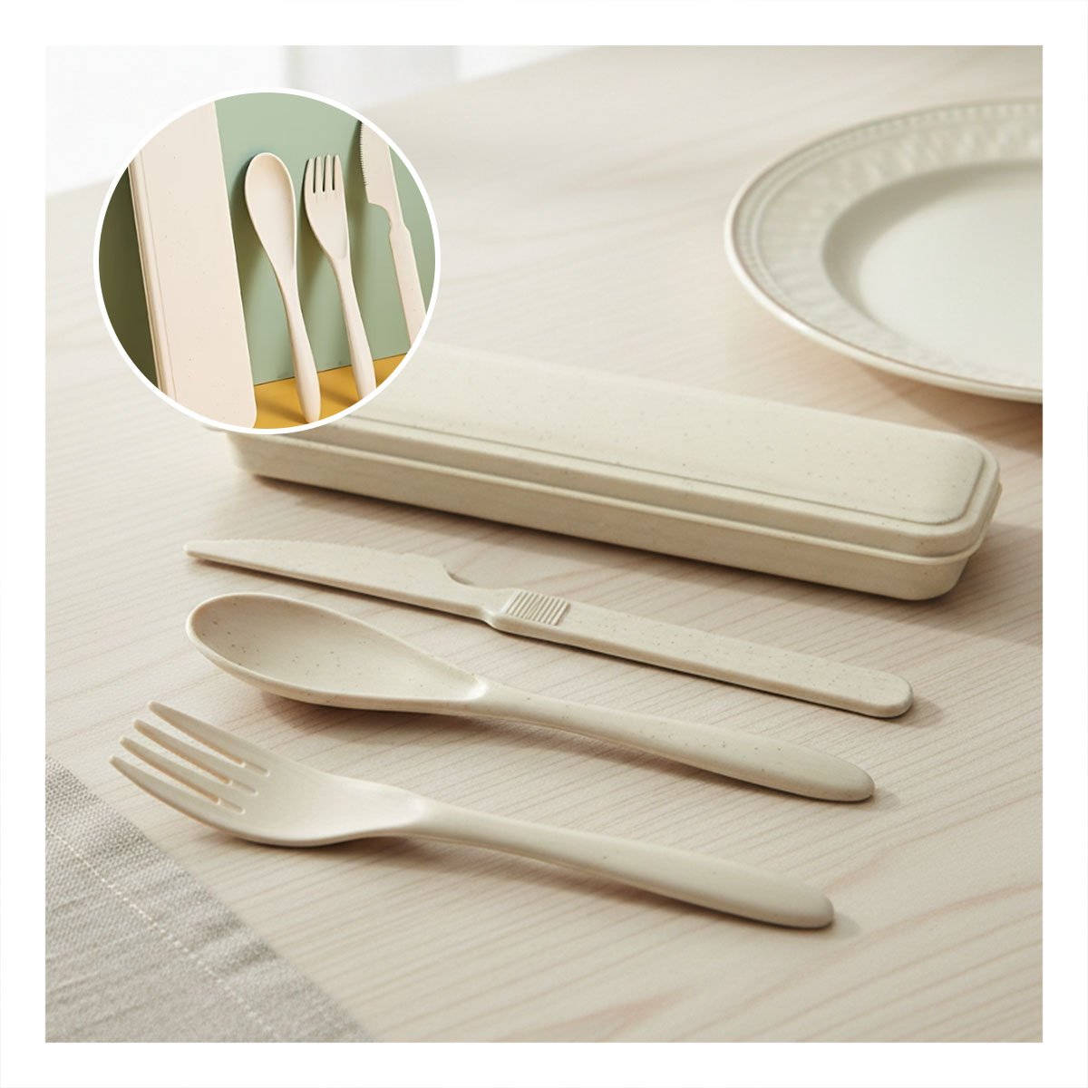 JUEGO DE 3 CUBIERTOS REUTILIZABLES CON ESTUCHE PROTECTOR PORTATIL BEIGE YPAPEL REGALO - 2