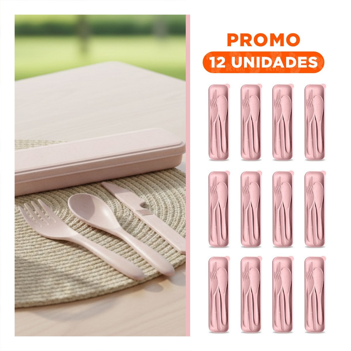 PACK12 SET DE 3 CUBIERTOS CON ESTUCHE PROTECTOR PORTATIL ROSADO - 1