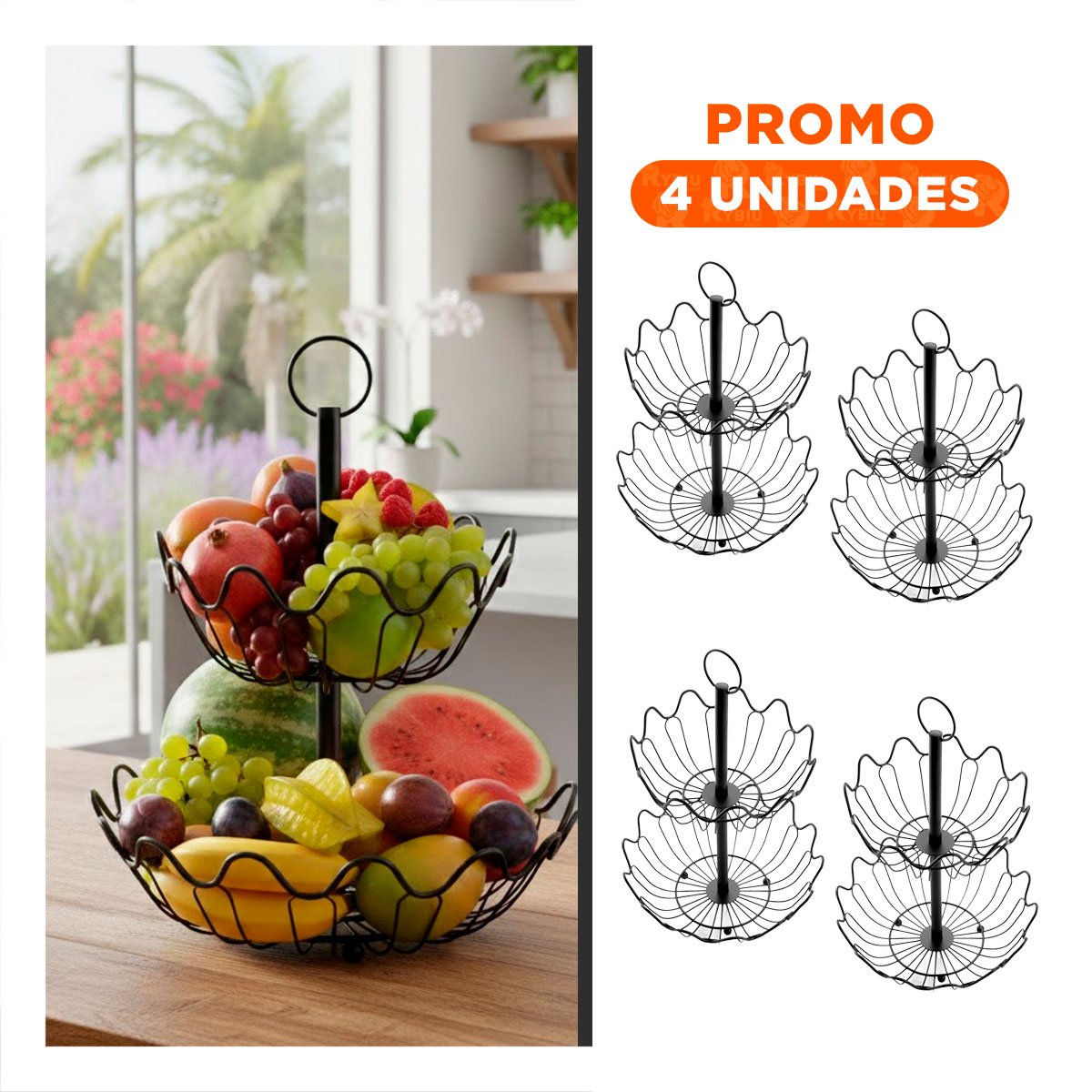 PACK4 FRUTERO DE MESA 2 PISOS CIRCULAR ONDAS COLOR NEGRO ELEGANTE - 1
