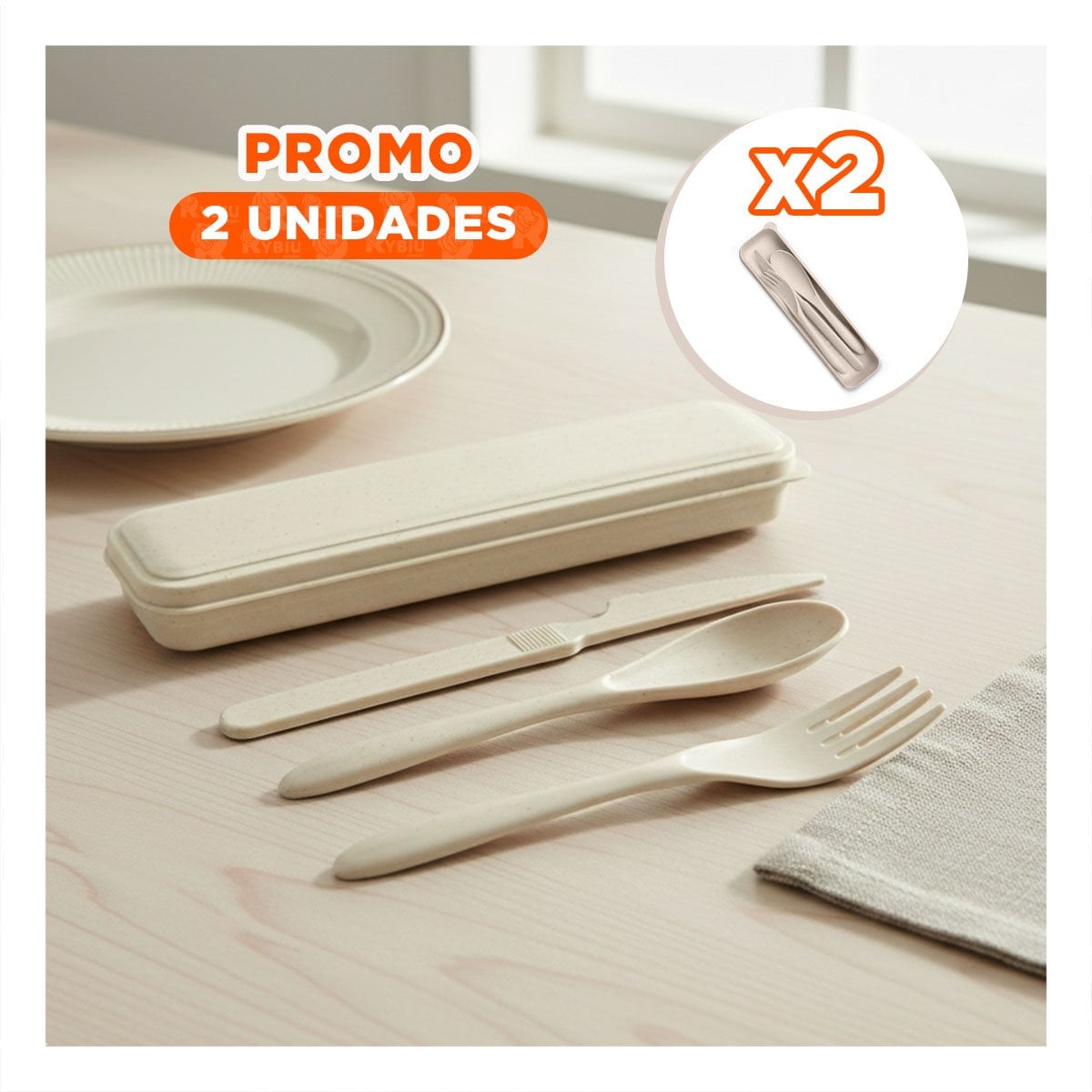 PACK2 JUEGO 3 CUBIERTOS PORTATILES CON ESTUCHE SEGURO Y PRACTICO BEIGE YPAPEL REGALO - 1