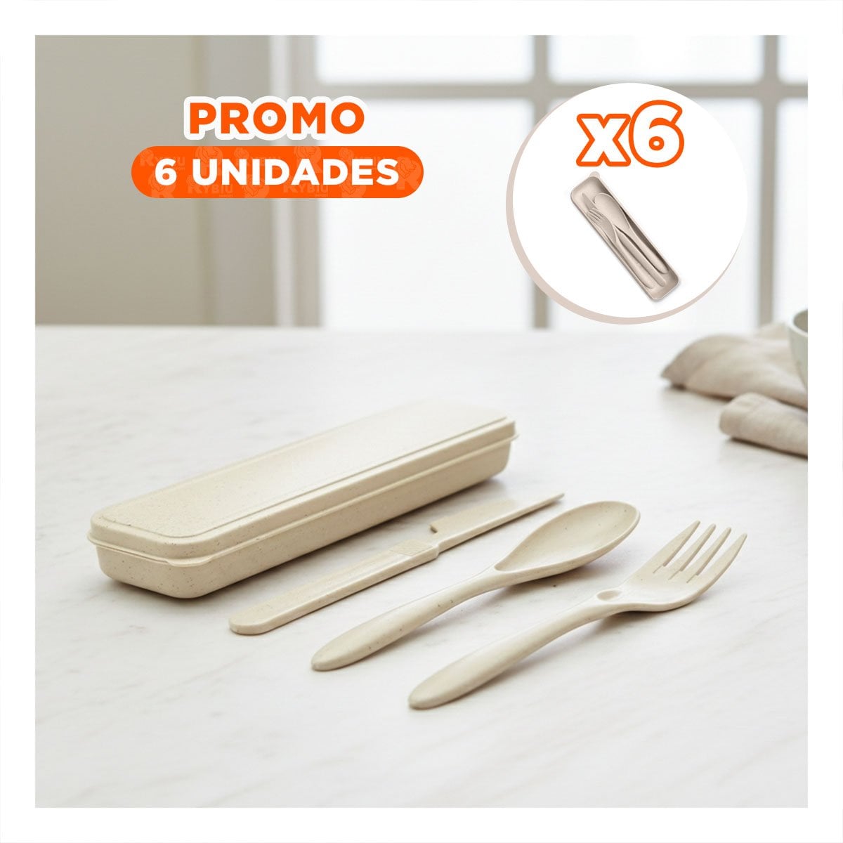 PACK6 SET 3 CUBIERTOS REUTILIZABLES CON ESTUCHE PARA ESCUELA BEIGE YPAPEL REGALO - 1