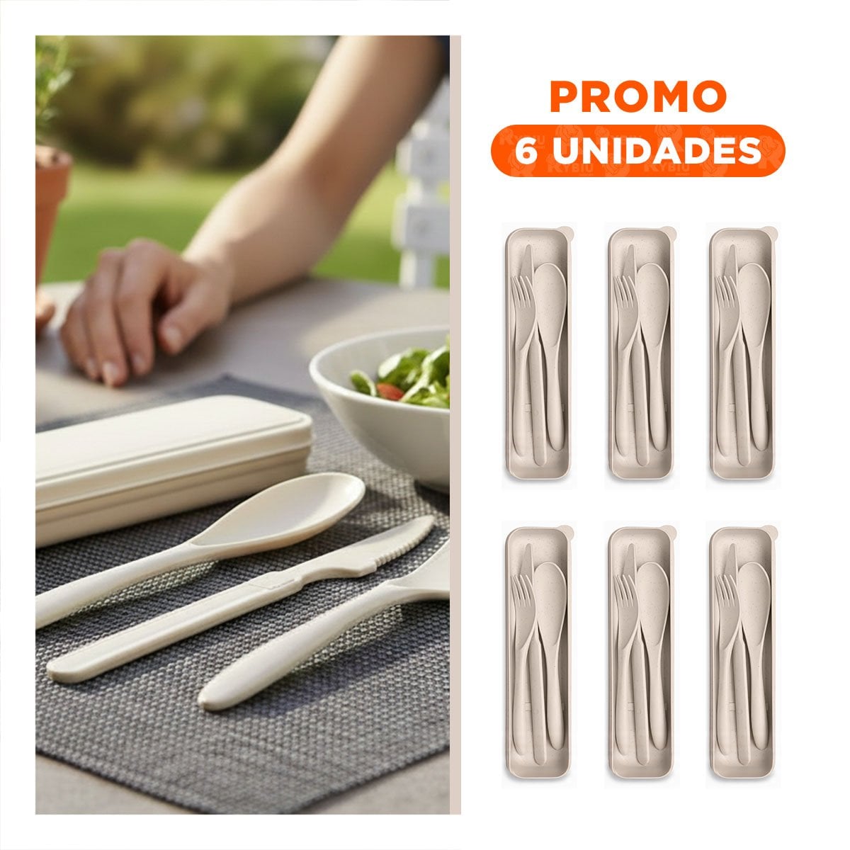 PACK6 KIT CUBIERTOS PORTATILES CON ESTUCHE RESISTENTE BEIGE YREGALO STICKER - 1