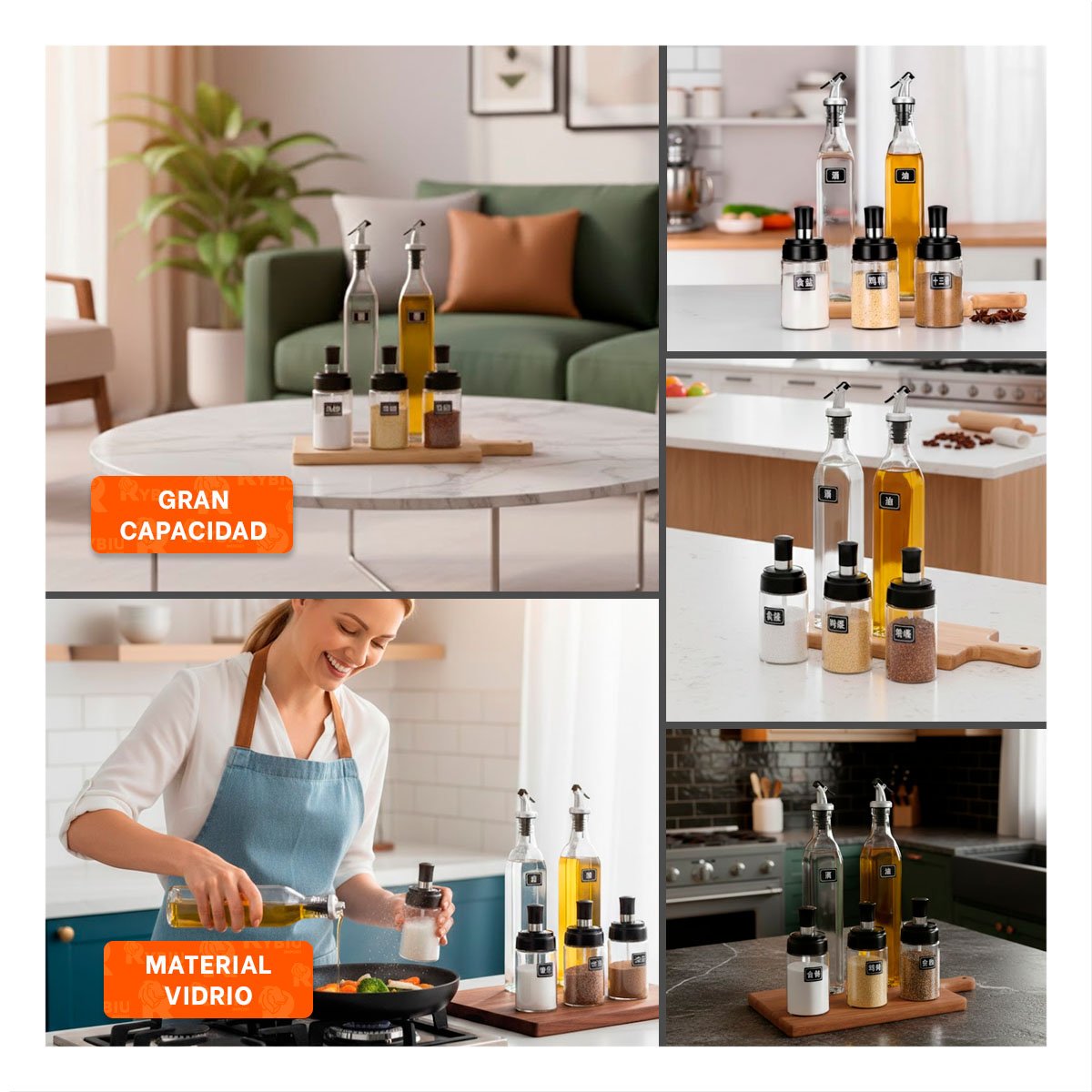 COMBO 3 CONDIMENTEROS Y 2 ACEITEROS DE PICO TRANSPARENTE COCINA Y ORGANIZADOR YLIGAS REGALO - 1