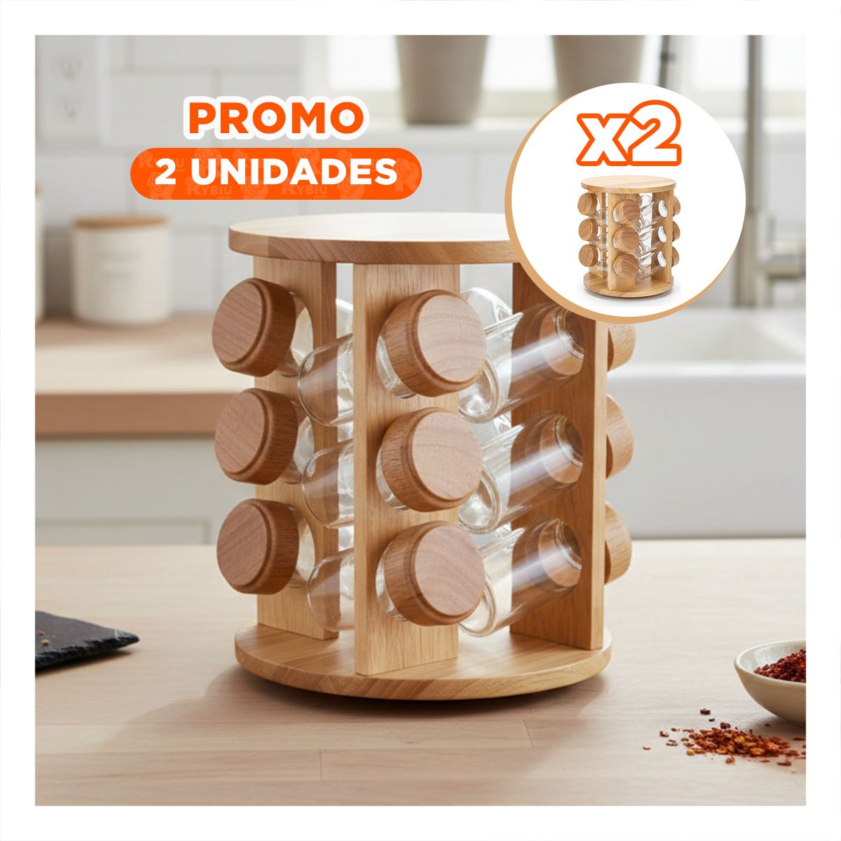 PACK2 ORGANIZADOR DE CONDIMENTOS GIRATORIO 12 FRASCOS BASE MADERA YPAPEL REGALO - 1