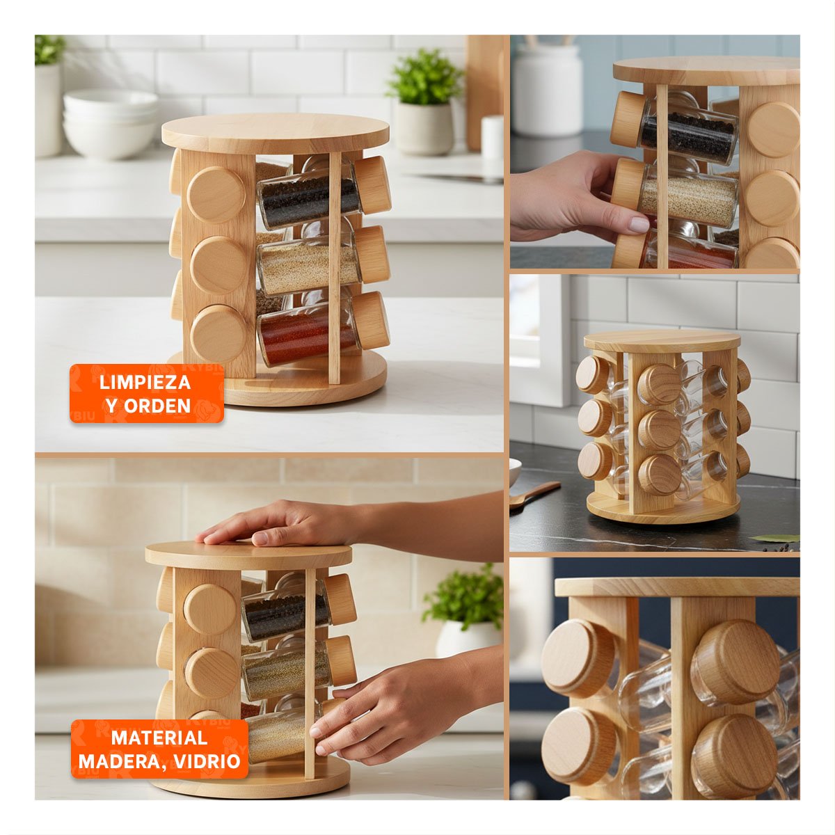 PACK2 ORGANIZADOR DE CONDIMENTOS GIRATORIO 12 FRASCOS BASE MADERA YPAPEL REGALO - 3