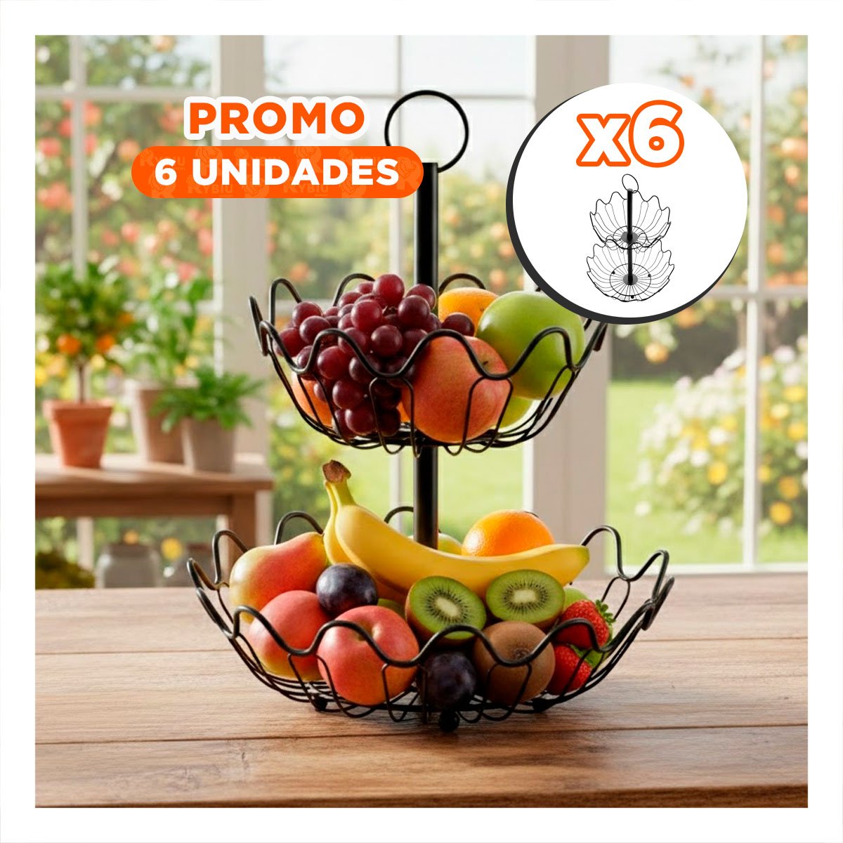 PACK6 CANASTA PARA FRUTAS 2 NIVELES CIRCULAR ONDAS COLOR NEGRO - 1