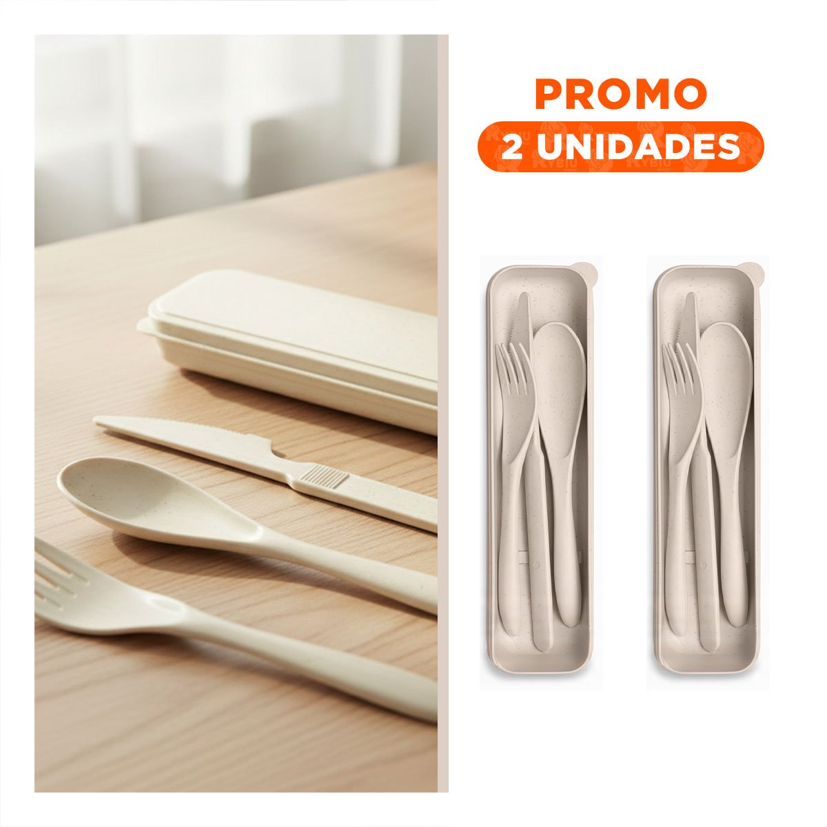 PACK2 SET CUBIERTOS REUTILIZABLES CON ESTUCHE PORTATIL COLOR BEIGE YREGALO STICKER - 1