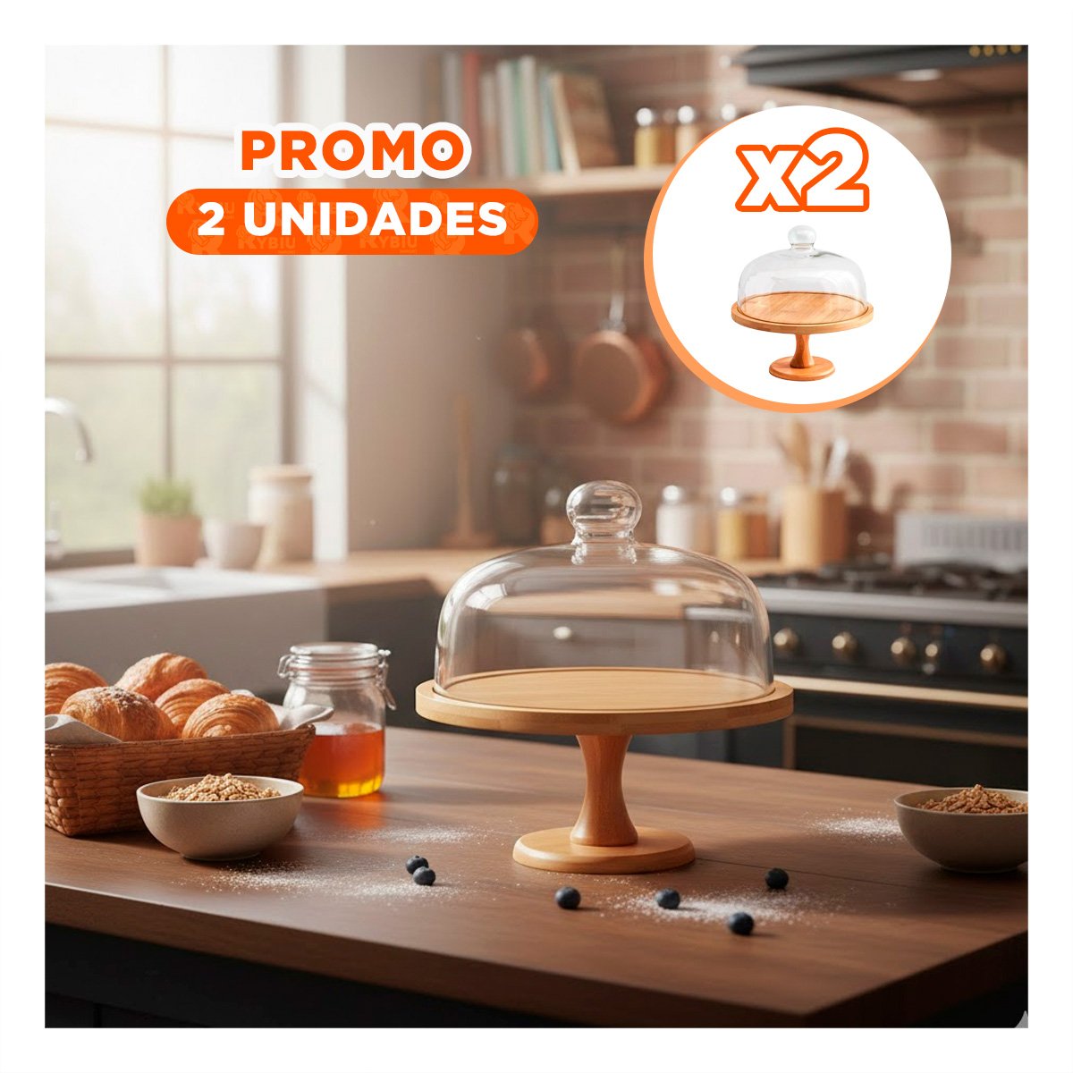 PACK2 SOPORTE MADERA CON CUPULA DE VIDRIO 30CM TRANSPARENTE PARA REPOSTERIA Y HOGAR - 1