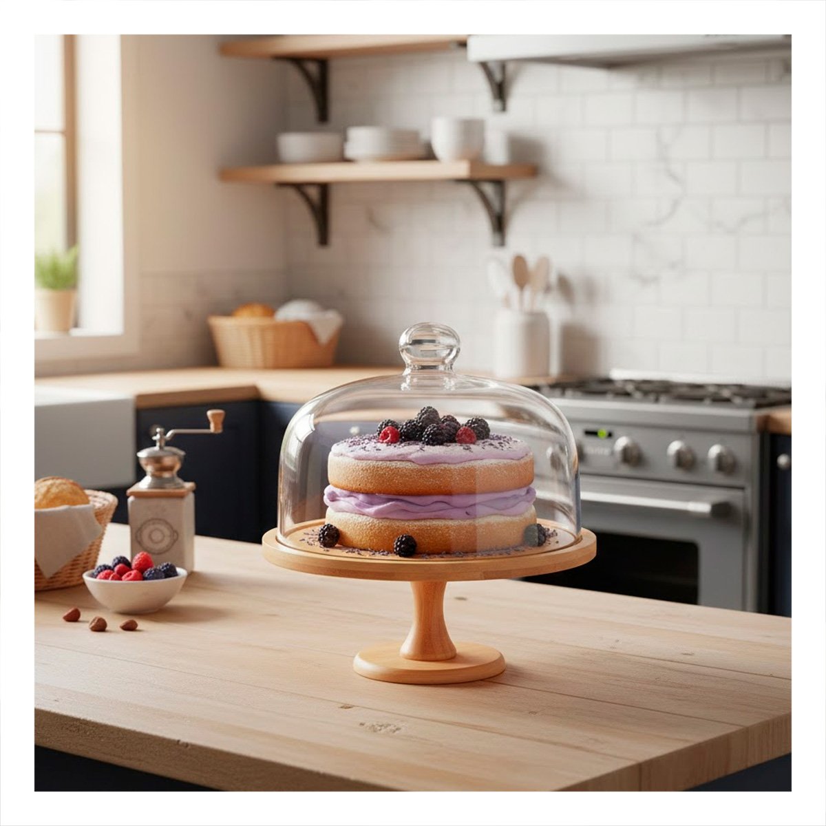 PACK2 SOPORTE MADERA CON CUPULA DE VIDRIO 30CM TRANSPARENTE PARA REPOSTERIA Y HOGAR - 5
