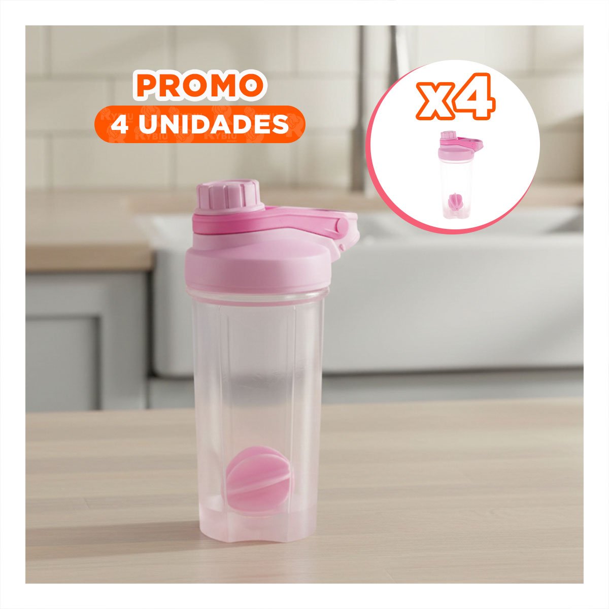 PACK4 BOTELLA TOMATODO SHAKER 500ML ROSADO PORTÁTIL PARA LICUADOS Y BATIDOS YREGALO STICKER - 1