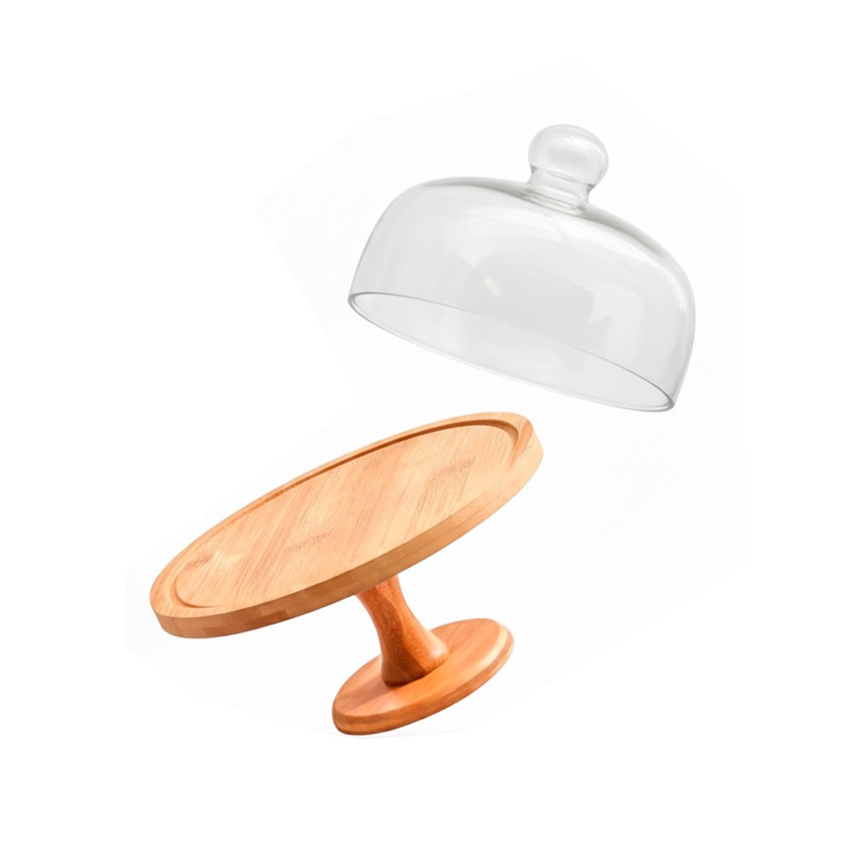 PLATAFORMA MADERA CON CUPULA DE VIDRIO 30CM TRANSPARENTE PARA POSTRES YREGALO STICKER - 1