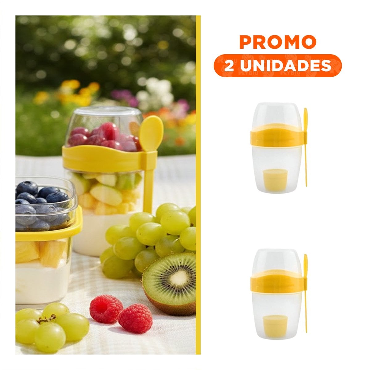 PACK2 CONTENEDOR YOGURERO AMARILLO CON CUCHARA PRACTICA PARA LLEVAR YREGALO STICKER - 1
