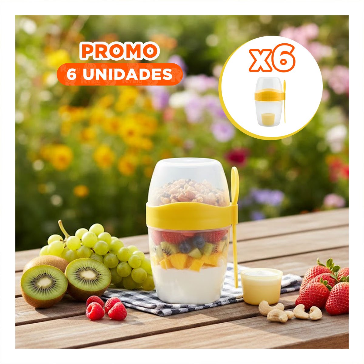 PACK6 CONTENEDOR YOGURERO AMARILLO CON CUCHARA INTEGRADA FACIL DE TRANSPORTAR YPAPEL REGALO - 1