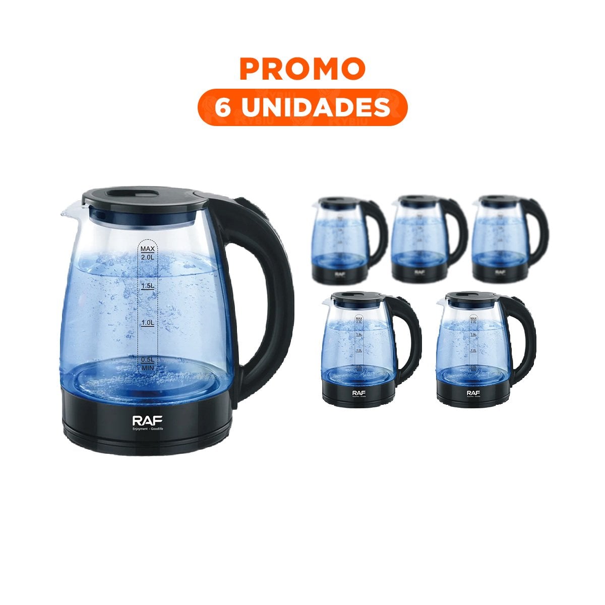 PACK6 JARRA ELÉCTRICA COLOR NEGRO CON CAPACIDAD EXTRA 2L YREGALO STICKER - 1
