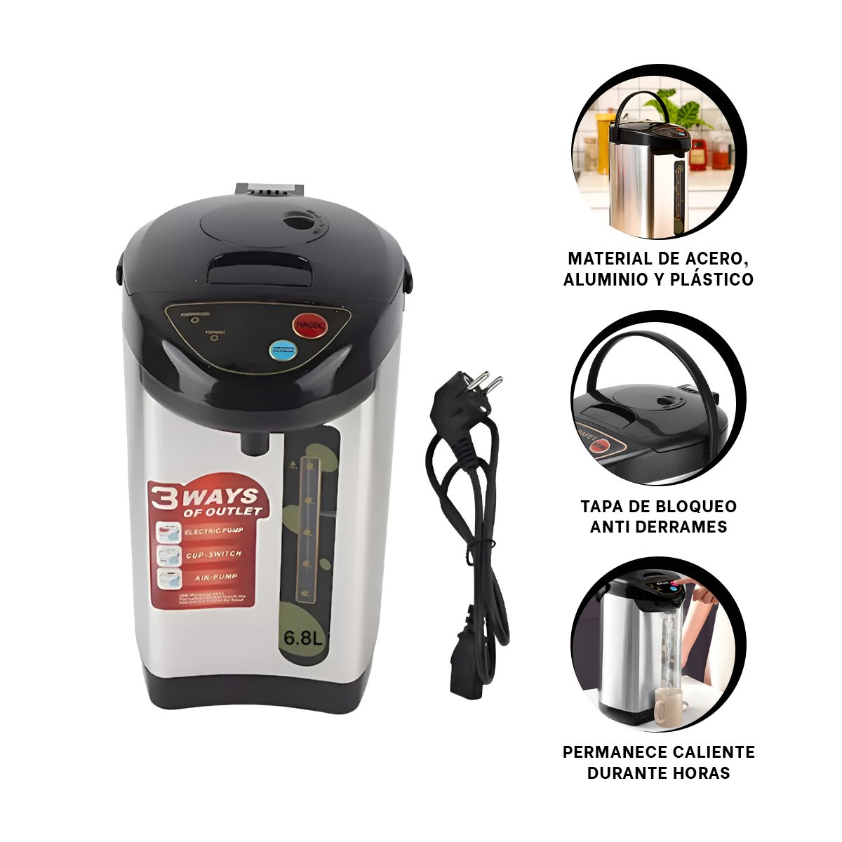 TETERA ELÉCTRICA 6.8L PARA PREPARAR BEBIDAS CALIENTES COLOR PLATEADO YPAPEL REGALO - 5