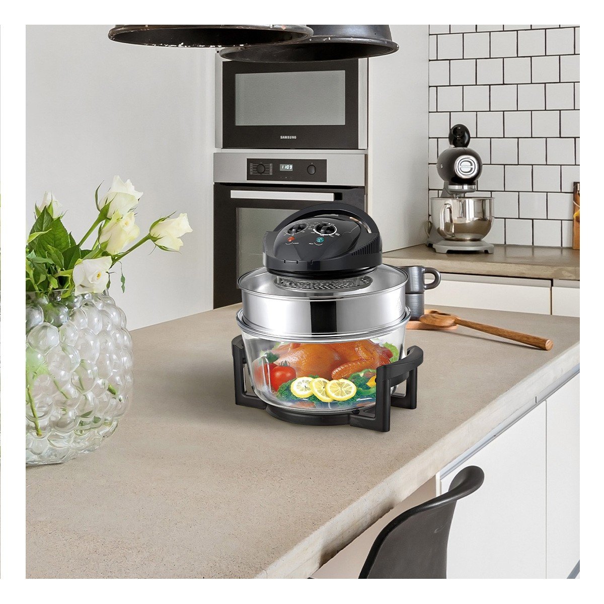HORNO DE AIRE 8 EN 1 PARA COCINA MODERNA 12 LITROS COLOR NEGRO Y TRANSPARENTE YPAPEL REGALO - 2