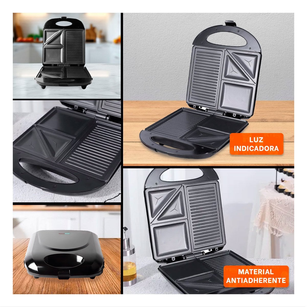 ELECTRODOMESTICO DE COCINA NEGRO 3 EN 1 DE ALUMINIO PARA PANES Y WAFLES YSTICKY - 2