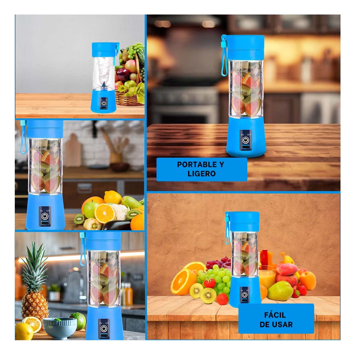 PACK4 PROCESADORA PORTATIL AZUL RECARGABLE PARA SMOOTHIES NATURALES YREGALO STICKER - 2