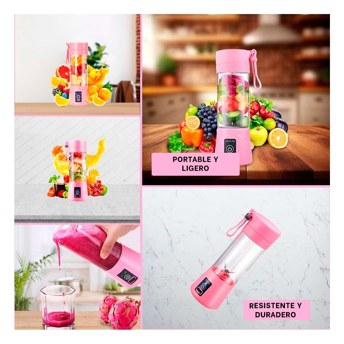 BATIDORA PORTATIL ROSADO RECARGABLE CON VASO PARA COCINA Y HOGAR MODERNO YPAPEL REGALO - 3