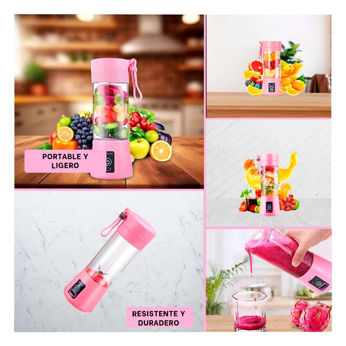 PACK6 SISTEMA PORTATIL ROSADO RECARGABLE PARA BATIDOS Y JUGOS EN HOGAR YPAPEL REGALO - 3
