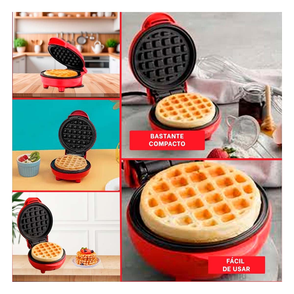 PACK4 WAFLERA MINI PORTATIL CIRCULAR ROJO NEGRO PARA COCINA MODERNA YREGALO STICKER - 2