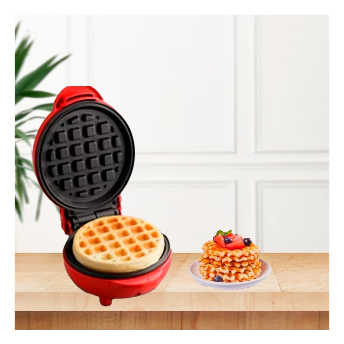 PACK4 WAFLERA MINI PORTATIL CIRCULAR ROJO NEGRO PARA COCINA MODERNA YREGALO STICKER - 5