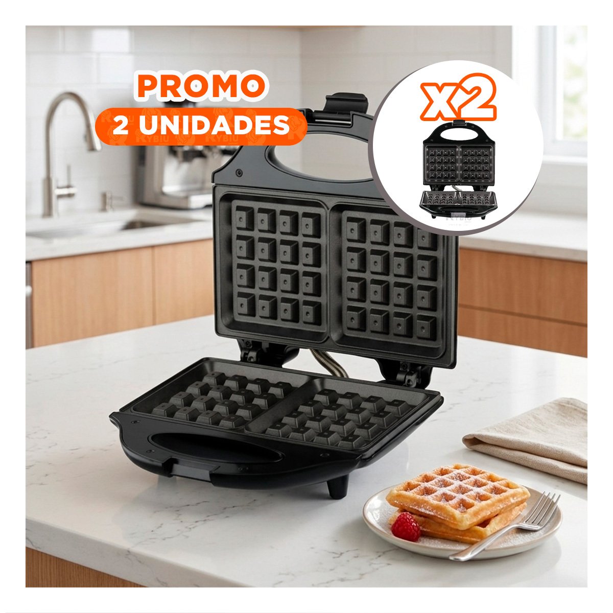 PACK2 WAFLERAS DOBLE SANDWICHERA NEGRO ANTIADHERENTE PARA COCINA - 1