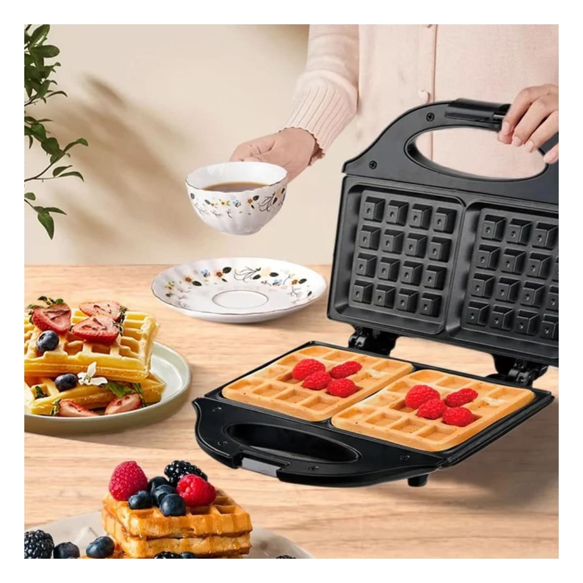 PACK2 WAFLERAS DOBLE SANDWICHERA NEGRO ANTIADHERENTE PARA COCINA - 2