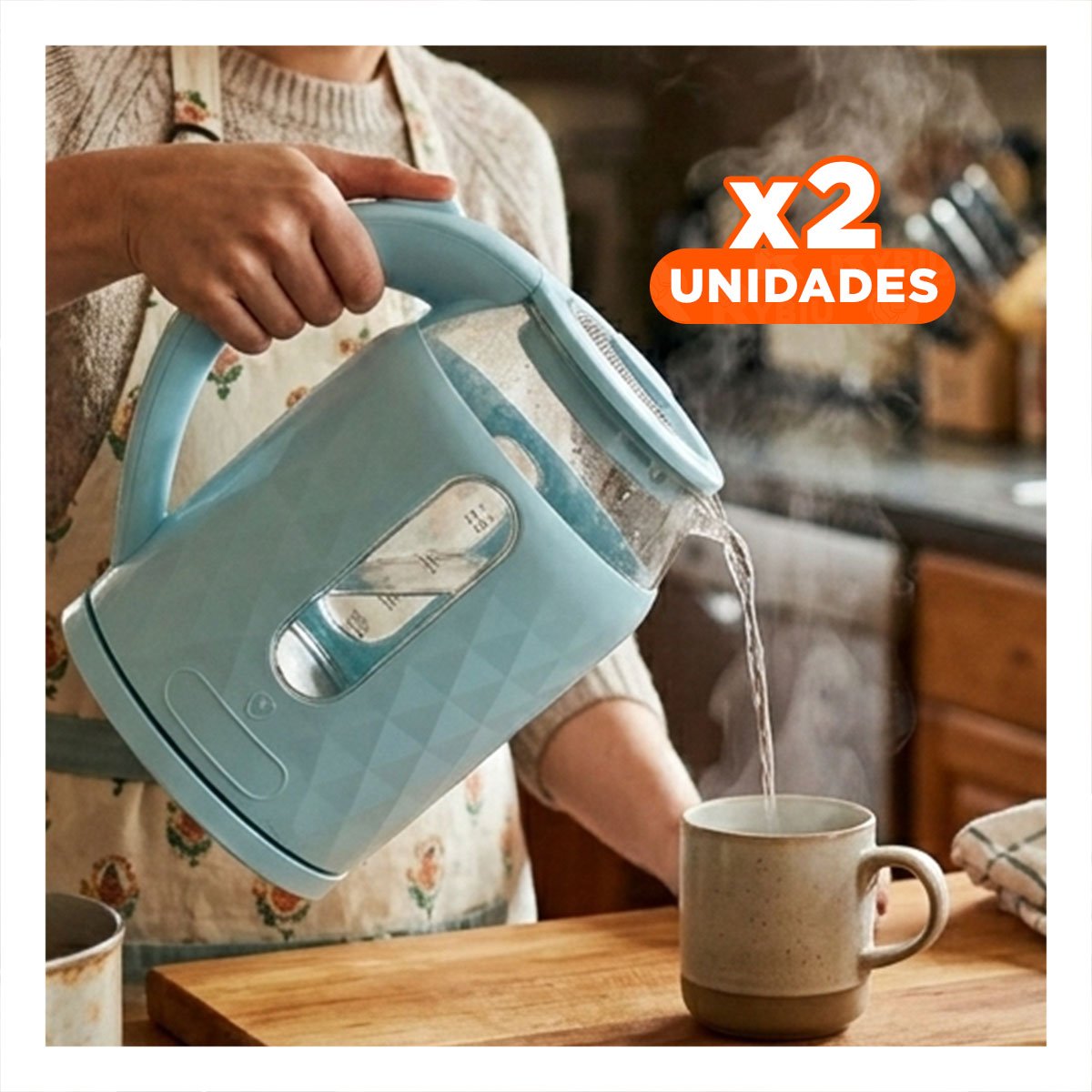 PACK2 CALENTADOR ELECTRICO PORTATIL CELESTE DE VIDRIO 2L PARA COCINA Y CAFE - 1