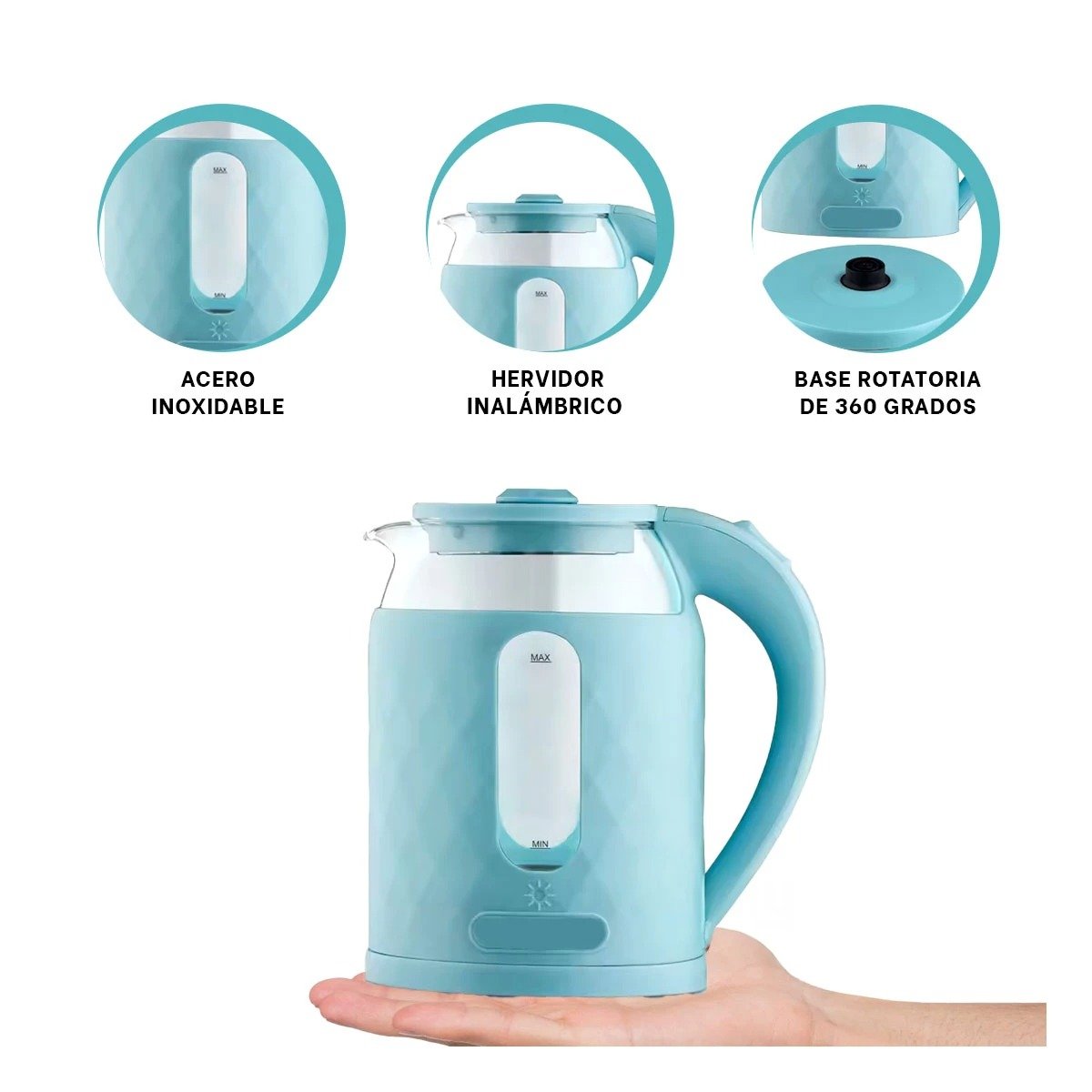 CALENTADOR DE VIDRIO 2L ELECTRICO CELESTE PORTATIL CON ESTILO MODERNO YPAPEL REGALO - 5