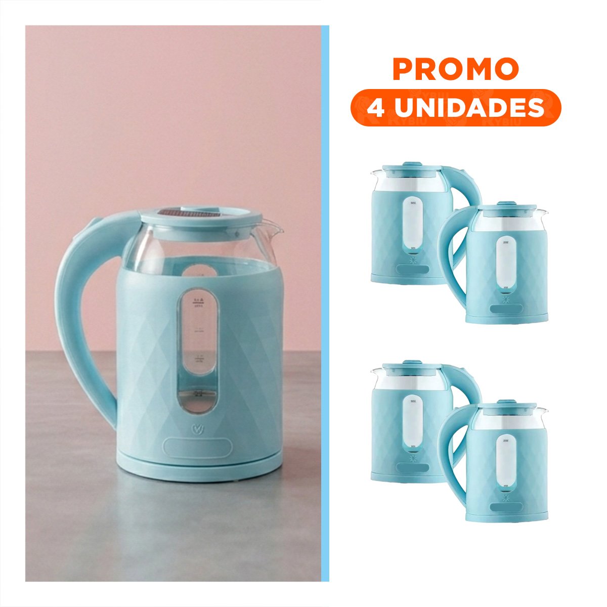 PACK4 CALENTADOR PORTATIL DE VIDRIO 2L COLOR CELESTE PARA CASA Y OFICINA - 1