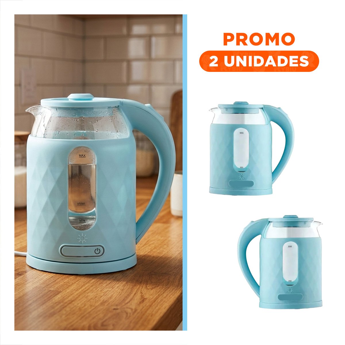 PACK2 HERVIDOR DE VIDRIO PORTATIL ELECTRICO CELESTE 2L PARA HOGAR Y OFICINA YREGALO STICKER - 1