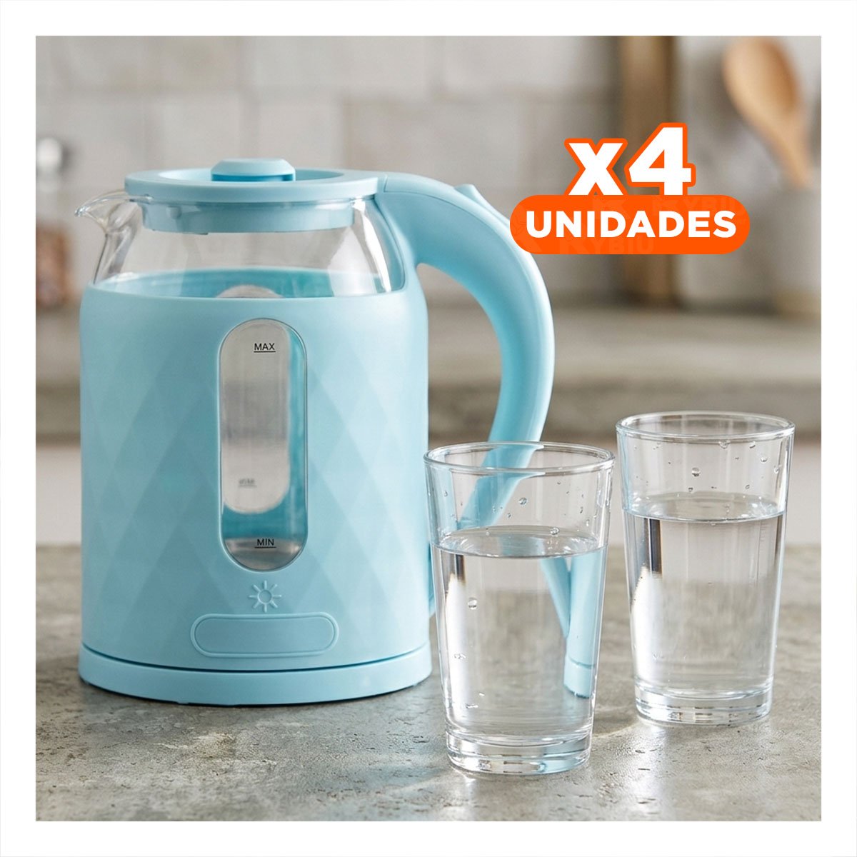 PACK4 KETTLE ELECTRICO DE VIDRIO PORTATIL 2L CELESTE CON ESTILO MODERNO YPAPEL REGALO - 1