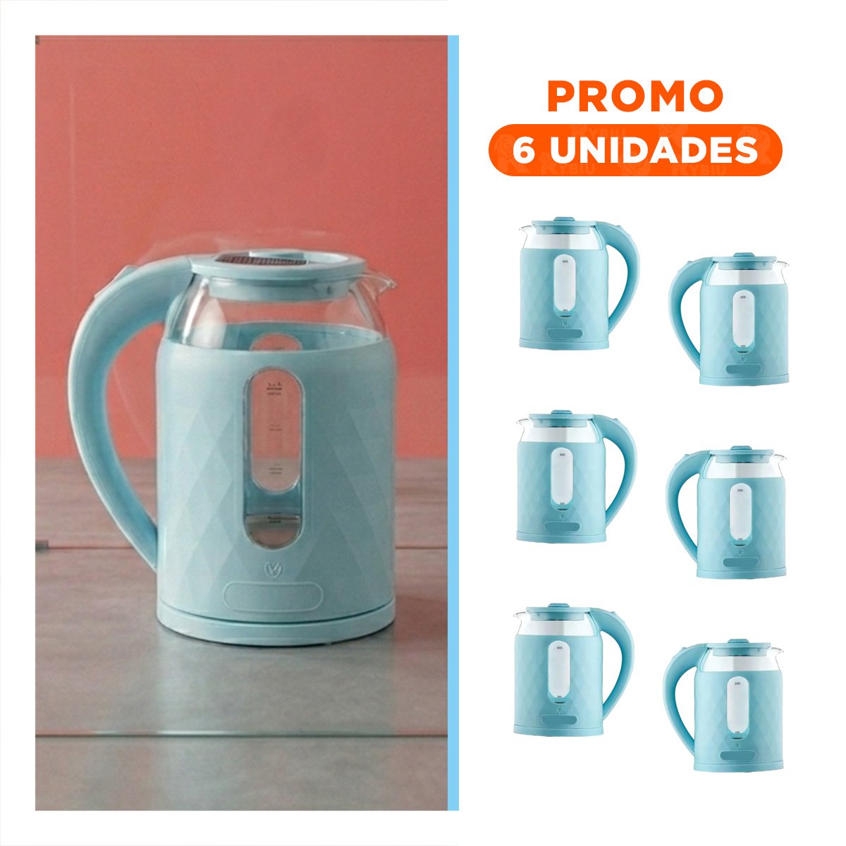 PACK6 TETERA ELECTRICA DE VIDRIO PORTATIL 2L PARA HOGAR COLOR CELESTE YREGALO STICKER - 1