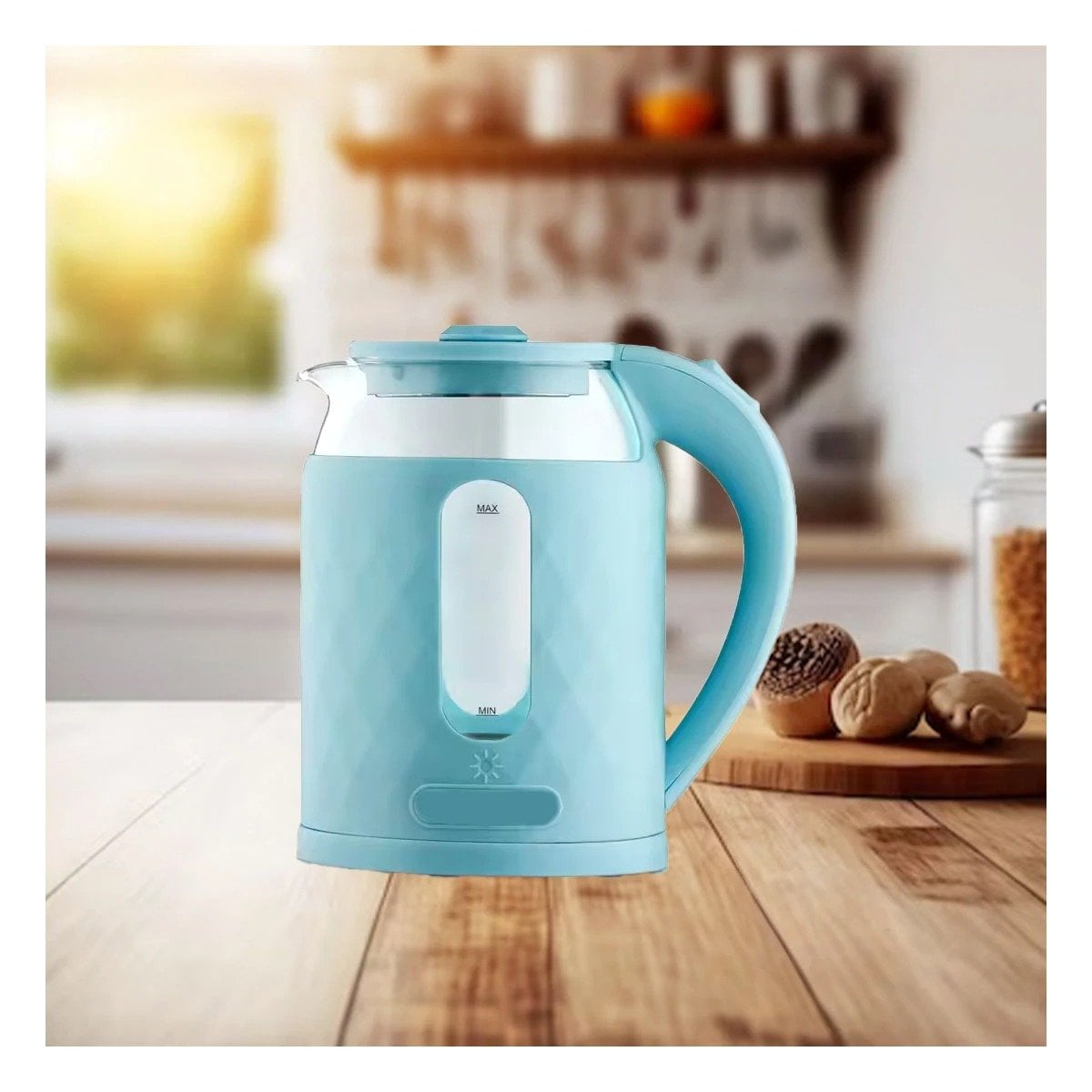 HERVIDOR PORTATIL DE VIDRIO ELECTRICO 2L PARA COCINA Y CAFE COLOR CELESTE - 1