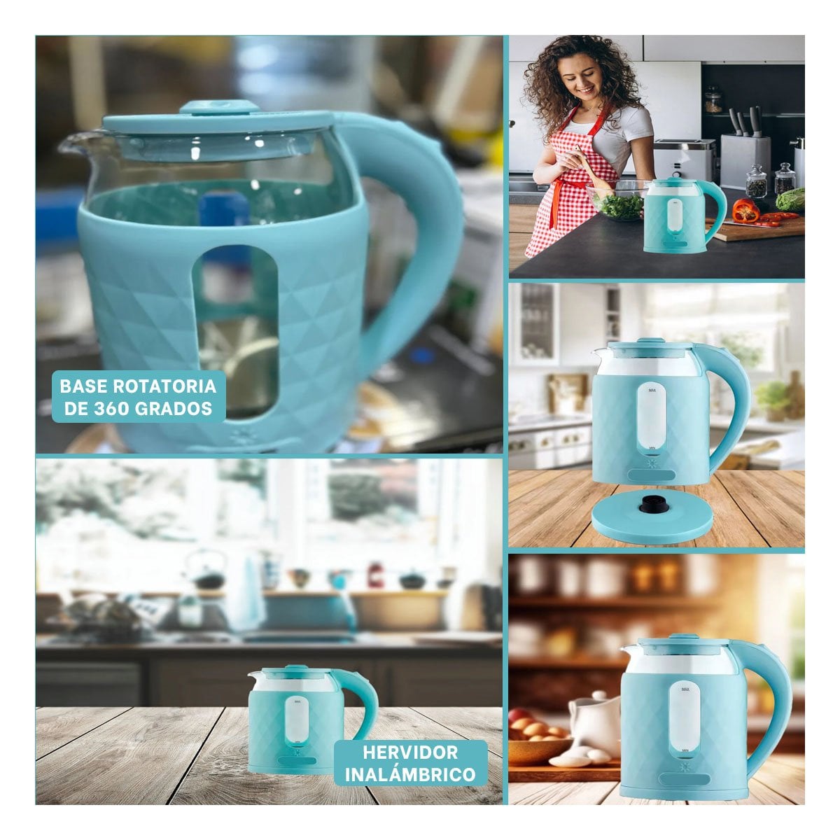 HERVIDOR PORTATIL DE VIDRIO ELECTRICO 2L PARA COCINA Y CAFE COLOR CELESTE - 2
