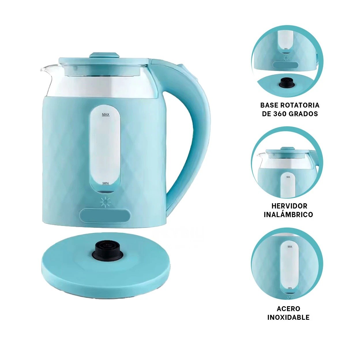 KETTLE PORTATIL ELECTRICO DE VIDRIO 2L PARA HOGAR Y OFICINA COLOR CELESTE YSTICKY - 5