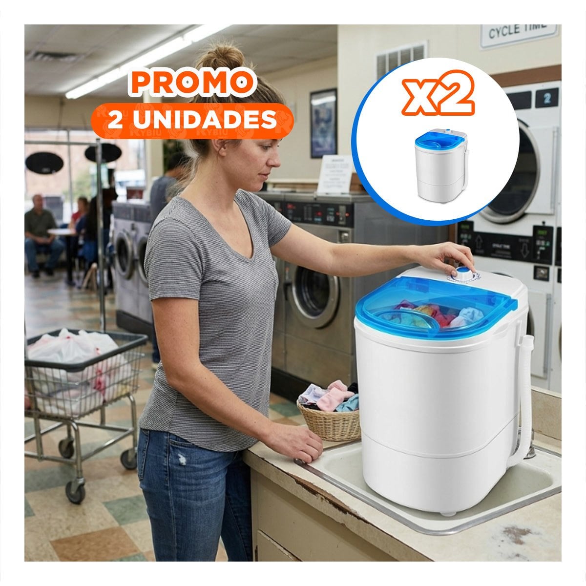 PACK2 LAVARROPA PEQUENO PORTATIL BLANCO Y AZUL PARA CASA 55X32X28 CM - 1